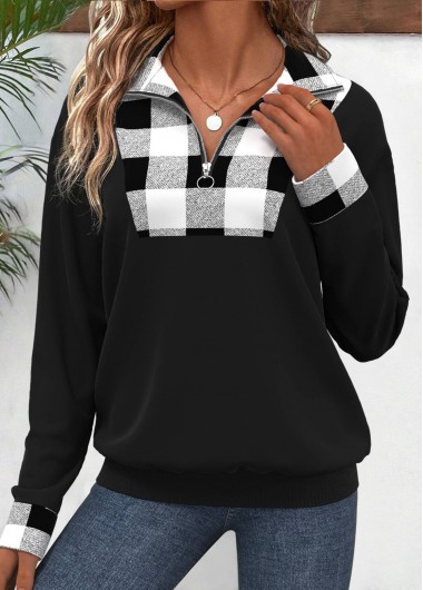 Plaid Patchwork Black Long Sleeve Turn Down Collar Sweatshirt