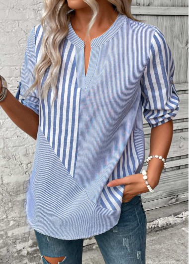 Striped Split Dusty Blue 3/4 Sleeve Blouse