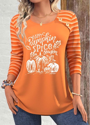 Halloween Print Patchwork Terracotta Long Sleeve T Shirt