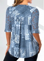 Leaf Print Lace Denim Blue Split Neck Blouse