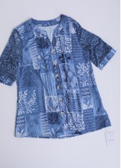 Leaf Print Lace Denim Blue Split Neck Blouse