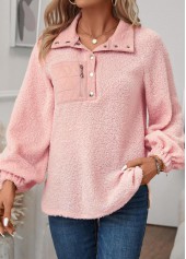 Jacquard Light Pink Long Sleeve Turn Down Collar Sweatshirt