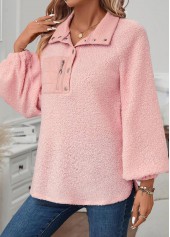 Jacquard Light Pink Long Sleeve Turn Down Collar Sweatshirt