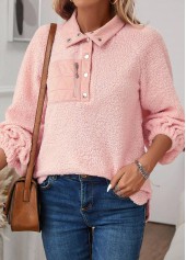Jacquard Light Pink Long Sleeve Turn Down Collar Sweatshirt