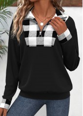 Plaid Patchwork Black Long Sleeve Turn Down Collar Sweatshirt