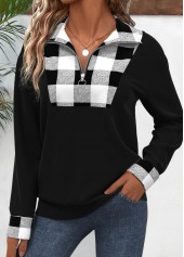 Plaid Patchwork Black Long Sleeve Turn Down Collar Sweatshirt