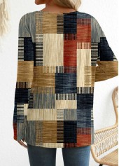 Geometric Print Button Brick Red Long Sleeve T Shirt