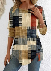 Geometric Print Button Brick Red Long Sleeve T Shirt