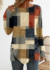 Geometric Print Button Brick Red Long Sleeve T Shirt