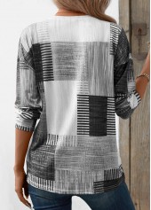 Geometric Print Patchwork Grey Long Sleeve T Shirt