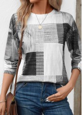 Geometric Print Patchwork Grey Long Sleeve T Shirt