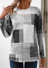 Geometric Print Patchwork Grey Long Sleeve T Shirt