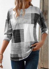 Geometric Print Patchwork Grey Long Sleeve T Shirt