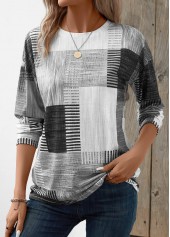 Geometric Print Patchwork Grey Long Sleeve T Shirt