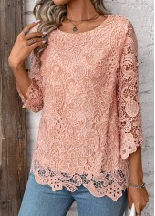 Lace Light Pink 3/4 Sleeve Round Neck T Shirt