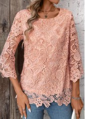 Lace Light Pink 3/4 Sleeve Round Neck T Shirt