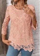 Lace Light Pink 3/4 Sleeve Round Neck T Shirt