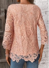 Lace Light Pink 3/4 Sleeve Round Neck T Shirt