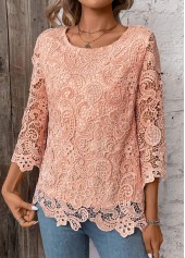 Lace Light Pink 3/4 Sleeve Round Neck T Shirt