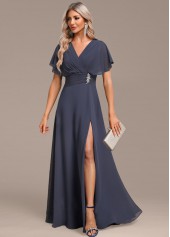 Split Dark Grey Maxi Short Sleeve V Neck Dress