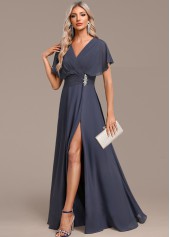 Split Dark Grey Maxi Short Sleeve V Neck Dress