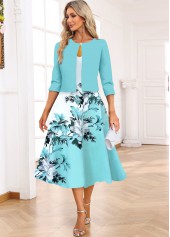 Floral Print Two Piece Light Blue Dress and Cardigan