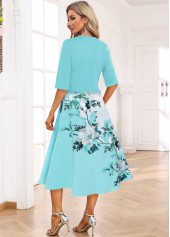 Floral Print Two Piece Light Blue Dress and Cardigan