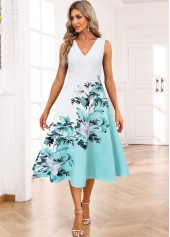 Floral Print Two Piece Light Blue Dress and Cardigan