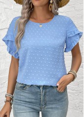 Button Dusty Blue Short Sleeve Round Neck Blouse