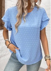 Button Dusty Blue Short Sleeve Round Neck Blouse