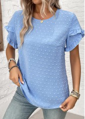 Button Dusty Blue Short Sleeve Round Neck Blouse