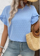 Button Dusty Blue Short Sleeve Round Neck Blouse
