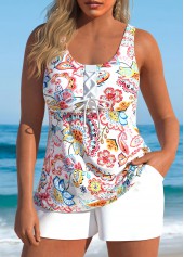Plus Size White Paisley Print Lace Up Tankini Set