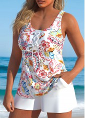 Plus Size White Paisley Print Lace Up Tankini Set