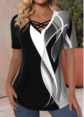 Geometric Print Criss Cross Black Short Sleeve T Shirt