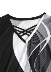 Geometric Print Criss Cross Black Short Sleeve T Shirt