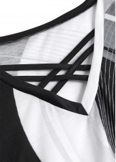 Geometric Print Criss Cross Black Short Sleeve T Shirt