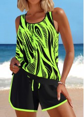 Geometric Print Patchwork Neon Green Tankini Set
