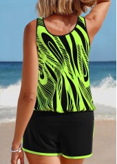 Geometric Print Patchwork Neon Green Tankini Set