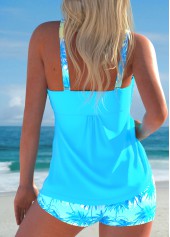 Tropical Plants Print Smocked Cyan Tankini Set