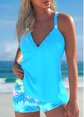 Tropical Plants Print Smocked Cyan Tankini Set