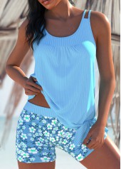 Ditsy Floral Print Ruched Light Blue Tankini Set