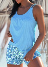 Ditsy Floral Print Ruched Light Blue Tankini Set