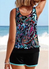 Paisley Print Contrast Binding Black Tankini Set