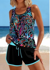 Paisley Print Contrast Binding Black Tankini Set