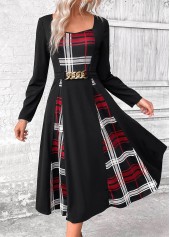 Plaid Patchwork Belted Black Long Sleeve Square Neck Dress