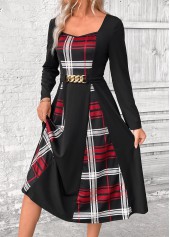 Plaid Patchwork Belted Black Long Sleeve Square Neck Dress