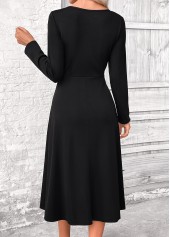 Plaid Patchwork Belted Black Long Sleeve Square Neck Dress