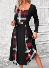 Plaid Patchwork Belted Black Long Sleeve Square Neck Dress