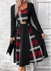 Plaid Patchwork Belted Black Long Sleeve Square Neck Dress